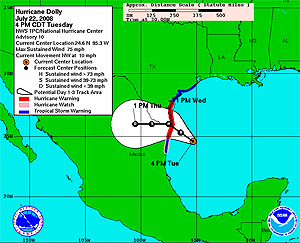 image of Hurricane Dolly's track as of 07/22/08