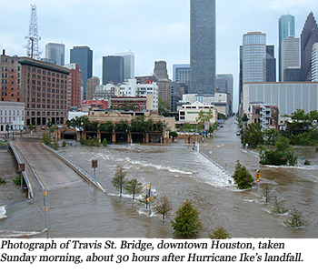 Photograph of Travis St. Bridge, downtown Houston taken Sunday morning, about 30 hours after Hurricane Ike's landfall.