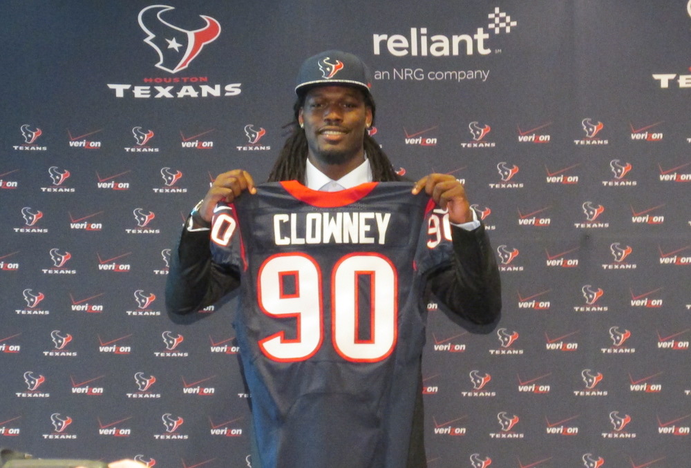 Clowney shows off his brand new Houston Texans jersey with the No. 90