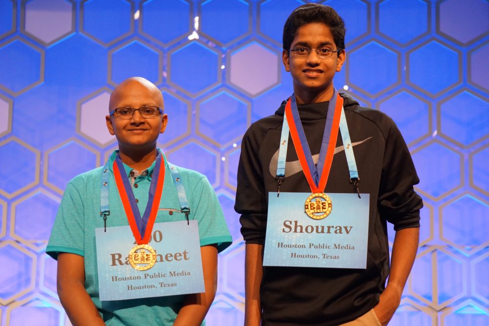 Raksheet Kota (left) and Shourav Dasari at the 2017 Scripps National Spelling Bee