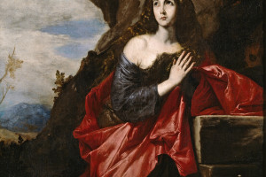 Painting of early female saint sitting in a landscape