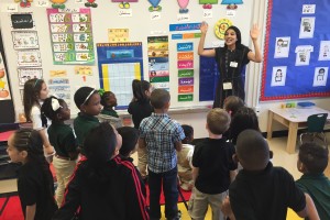 teacher Imene Mechkene leads class
