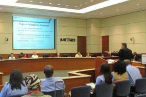 Metro CEO Tom Lambert appears before Board of Directors to discuss developments with Houston's new bus network.