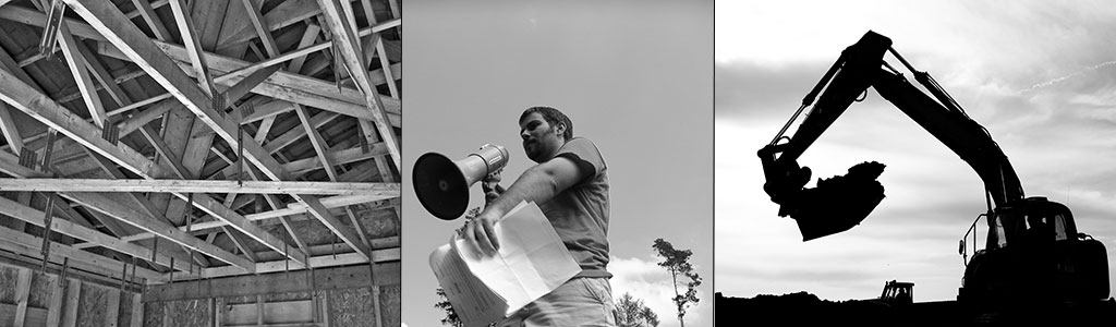 A triptych of a roof structure, a man with a megaphone and a backhoe