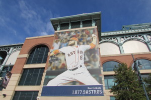 Large photo of Houston Astros pitcher Dallas Keuchel outside Minute Maid Park.