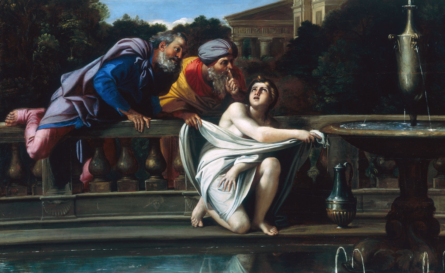 Painting of biblical story of Susannah discovered bathing nude by the religious elders