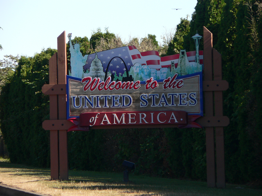 sign reads, welcome to the United States of America