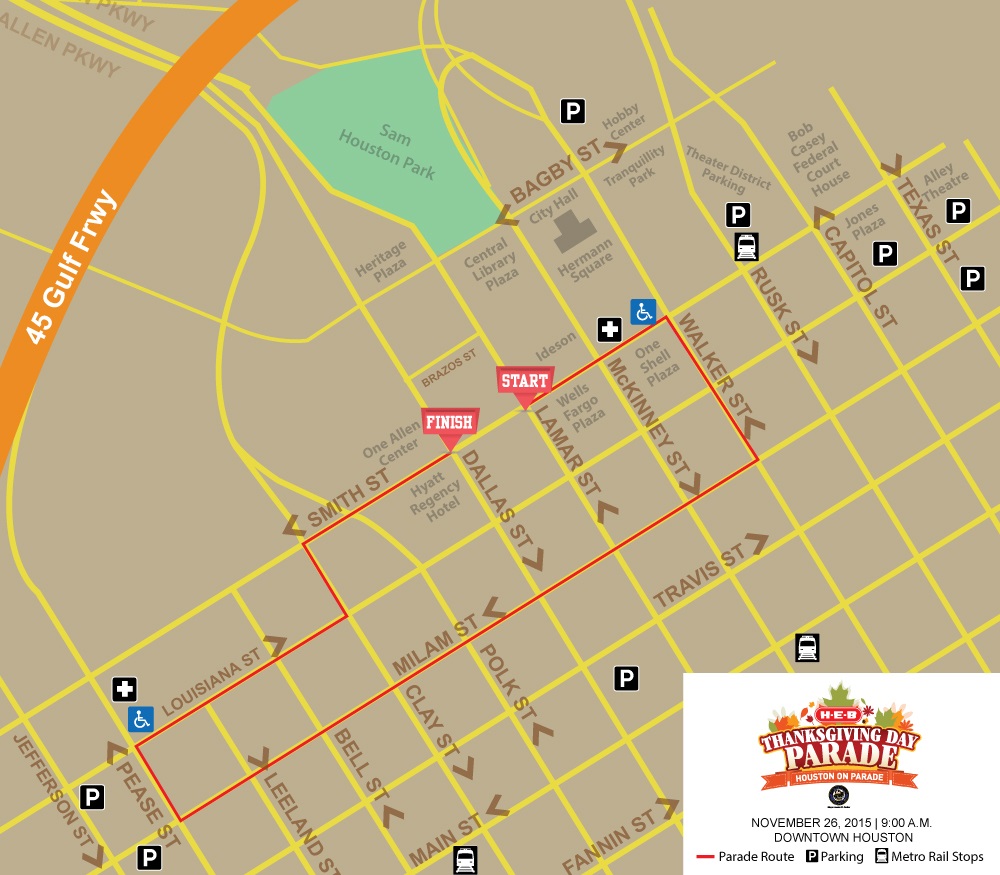 A map showing the route for Houston's Thanksgiving Day Parade