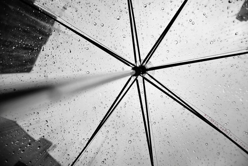 seeing rain drops through an umbrella and tops of buildings