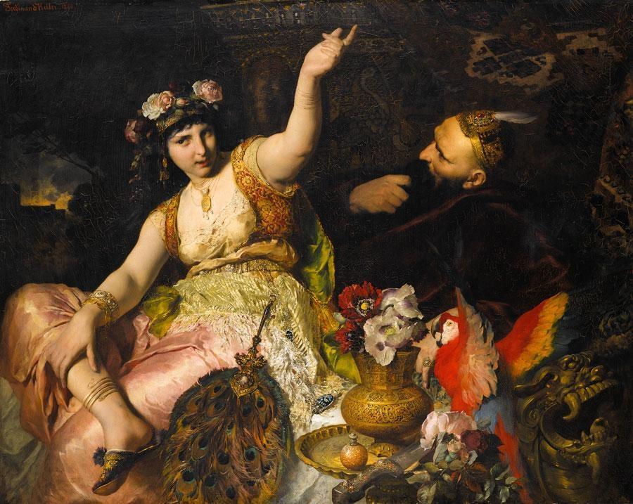 An oil painting of Scheherazade and Sultan Schariar