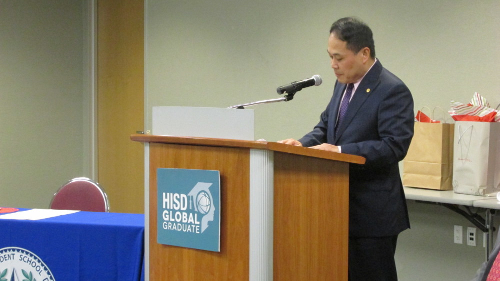 Louis Huang, director general of the Taipei Economic and Cultural Office in Houston, spoke at the announcement of a formal partnership between Taipei's Department of Education and HISD.