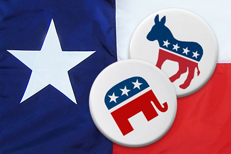 Texas flag with both party animal signs on pins