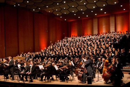 Houston Symphony orchestra and chorus on stage in Jones Hall