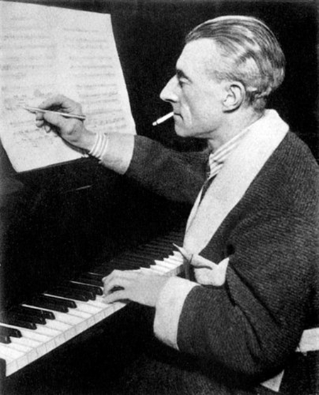 Photograph of Ravel composing at the piano