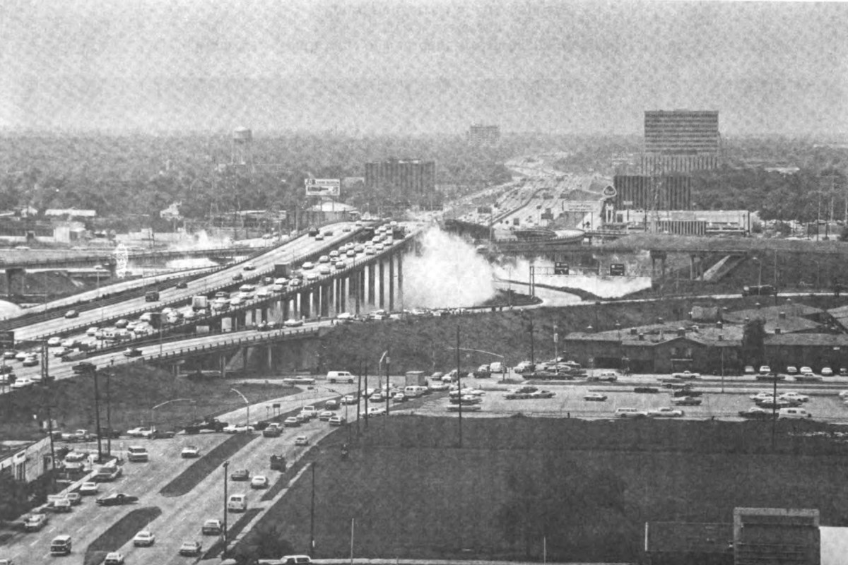 Photo shows the cloud of ammonia gas under a Houston freeway interchange on May 11 1976