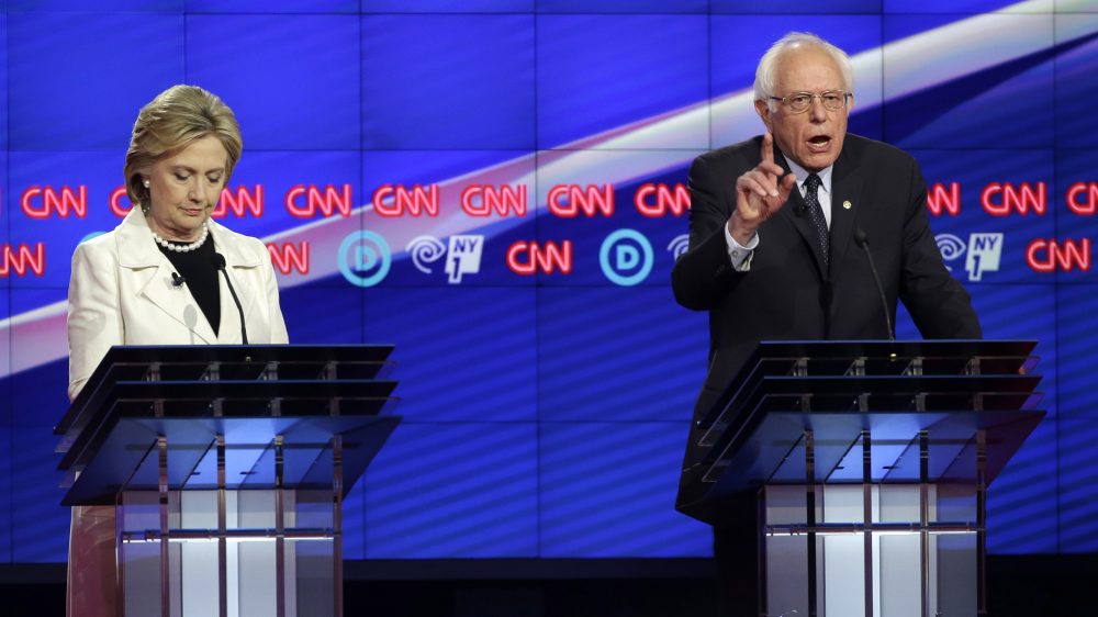 Democratic presidential candidates Bernie Sanders and Hillary Clinton debate in Brooklyn Thursday.