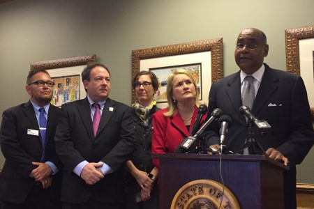 State Sen. Rodney Ellis, D-Houston, leads a press conference about transgender students' rights on May 16, 2016.