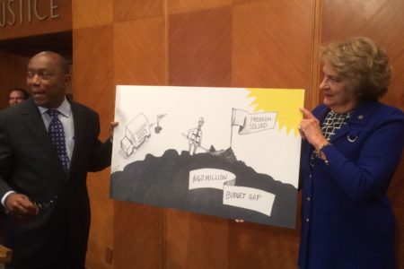 Mayor Sylvester Turner and Mayor Pro Tem Ellen Cohen hold up a cartoon - based on a related Houston Chronicle drawing - that symbolizes the mayor fixing the city's budget problem.