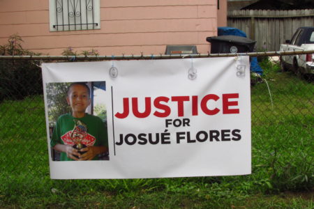 A banner shows solidarity with Josué Flores' family after the 11-year-old boy's murder in Houston, in May 2016.