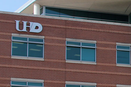 side of building with UHD logo
