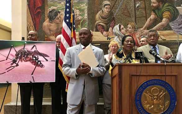 Houston Mayor Sylvester Turner and Congresswoman Sheila Jackson Lee speak out for federal Zika funding at St. Joseph Medical Center in downtown Houston on May 23, 2016. (Photo: Carrie Feibel, Houston Public Media)