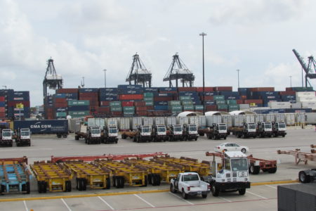 Giant cranes stand ready at the Bayport Container Terminal.