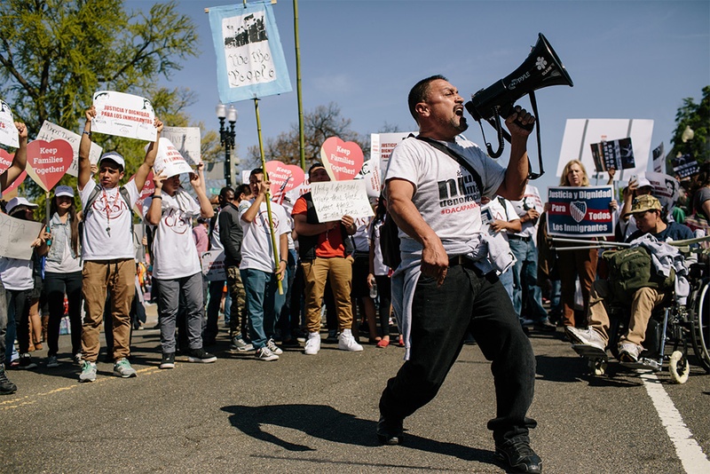 Tomas Martinez, with GLAHR, a grass roots organization from Atlanta, chants to excite the crowd in front of the U.S. Supreme Court in Washington, D.C., on Monday, April 18, 2016. Hundreds gathered in front of the U.S. Supreme Court to show their support for President Obama's immigration executive action as the Court hears oral arguments on the deferred action initiatives, DAPA and expanded DACA.
