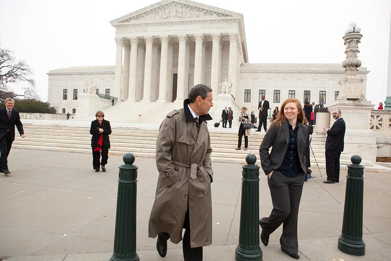 Abigail Fisher, right, plaintiff in Fisher v. University of Texas, leaves the U.S. Supreme Court with Edward Blum of the Project on Fair Representation after oral arguments in the case, in Washington, D.C., Dec. 9, 2015.