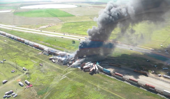 An aerial view of the site where two trains crashed near Amarillo, TX on June 28.