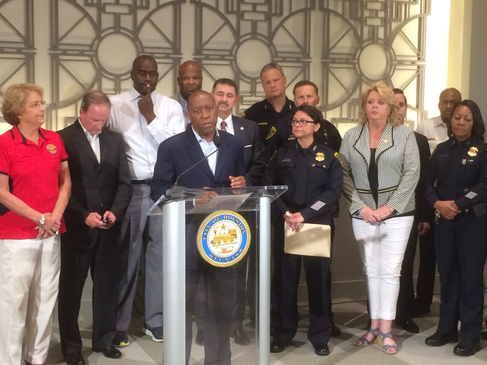 Houston Mayor Sylvester Turner, HPD Interim Chief Martha Montalvo and city council members react to Thursday's shooting of police officers in Dallas.