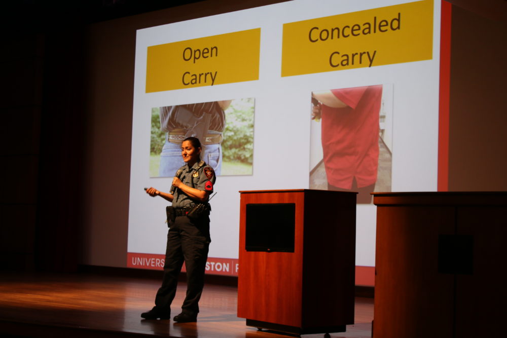 Sgt. Dina Padovan with the University of Houston Police Department explained to new students the difference between open carry and concealed carry. Concealed carry is now allowed at public Texas colleges under the new campus carry law. It takes effect Aug. 1.