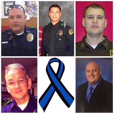 The Dallas police officers killed by a suspect. From the bottom left in clockwise order: Michael Smith, Brent Thompson,  Patrick Zamarripa, Michael Krol and Lorne Ahrens.