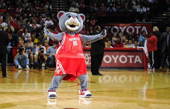 Mascot Clutch the Bear of the Houston Rockets looks on during the