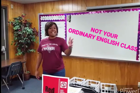 Cy-Fair High School English teacher April Young created a rap video to welcome students on first day of class.