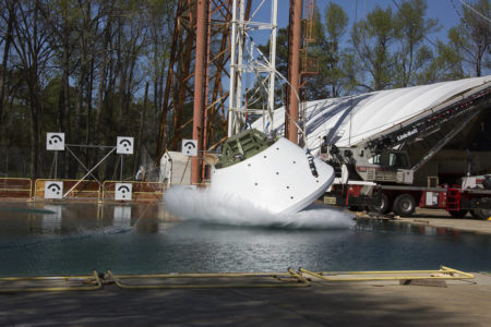 Orion GTA vertical drop test at NASA LaRC's Impact and Splash Basin.