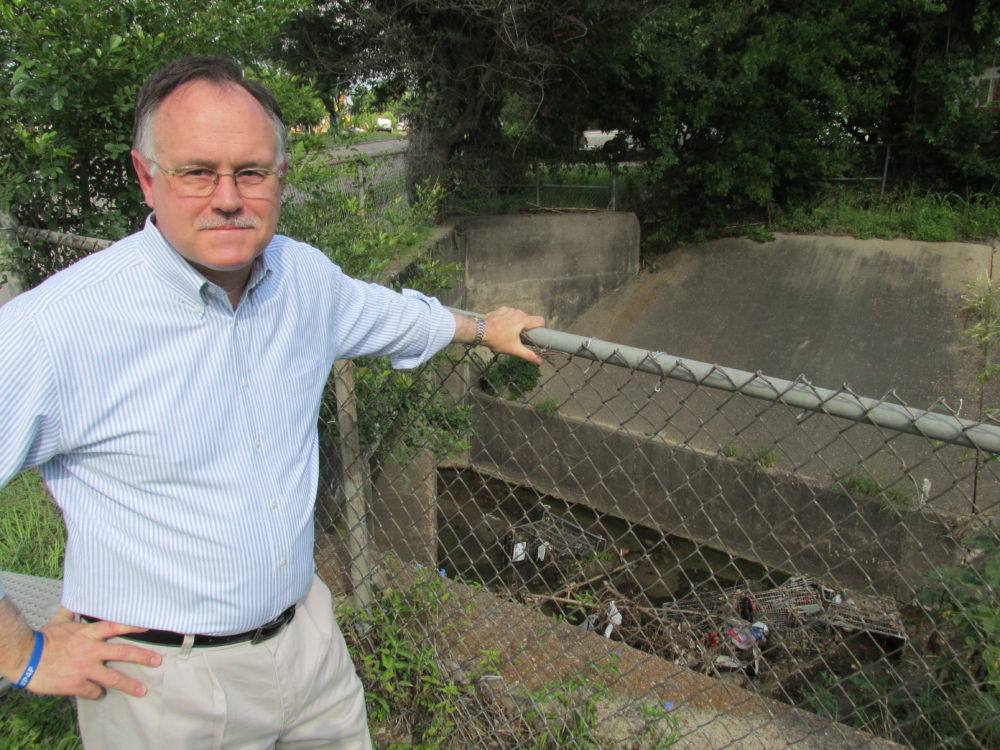 Houston City Council member Mike Laster stands above a ditch littered with shopping carts. His amendment to the city's 2017 budget addresses the problem.