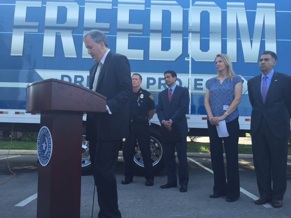 Texas AG Ken Paxton at a news conference with Truckers Against Trafficking at SAPD headquarters.