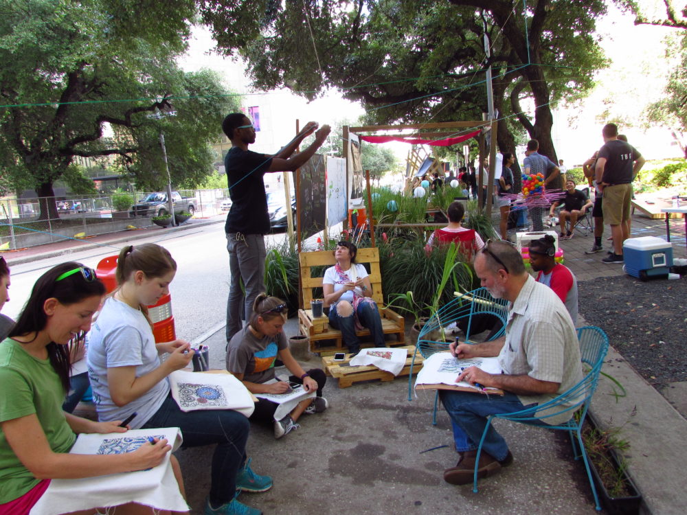 Visitors create fabric paintings at Houston's PARK(ing) Day