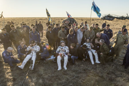 NASA astronaut Jeff Williams, left, Russian cosmonaut Alexey Ovchinin of Roscosmos, center, and Russian cosmonaut Oleg Skripochka of Roscosmos sit in chairs outside the Soyuz TMA-20M spacecraft a few moments after they landed in a remote area near the town of Zhezkazgan, Kazakhstan on Wednesday, Sept. 7, 2016(Kazakh time). Williams, Ovchinin, and Skripochka are returning after 172 days in space where they served as members of the Expedition 47 and 48 crews onboard the International Space Station.