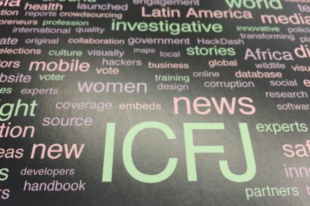 The words surrounding ICFJ (International Center For Journalists) are some of the programs offered by the group.
