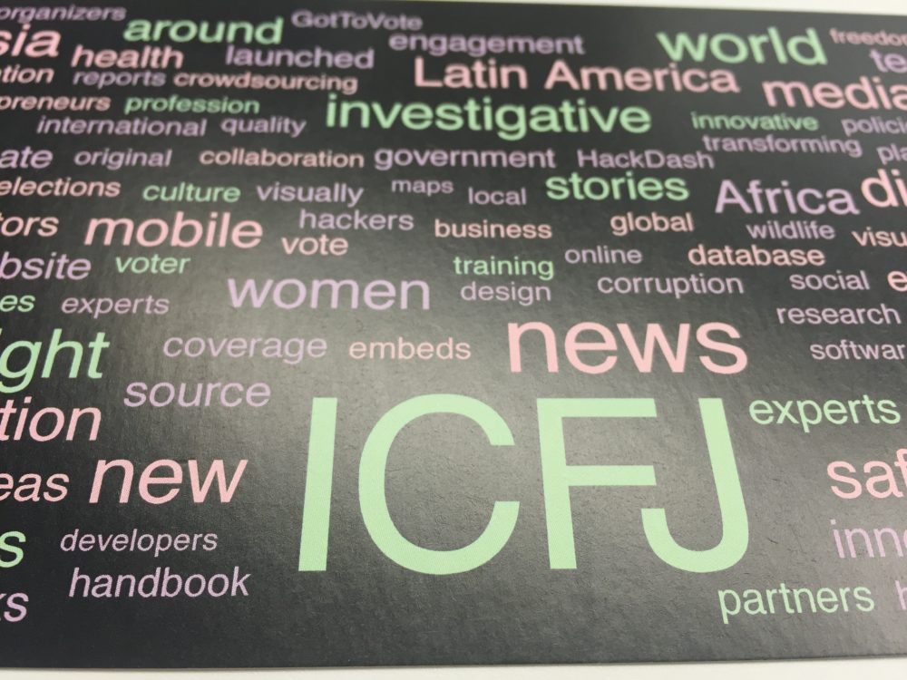 The words surrounding ICFJ (International Center For Journalists) are some of the programs offered by the group. 