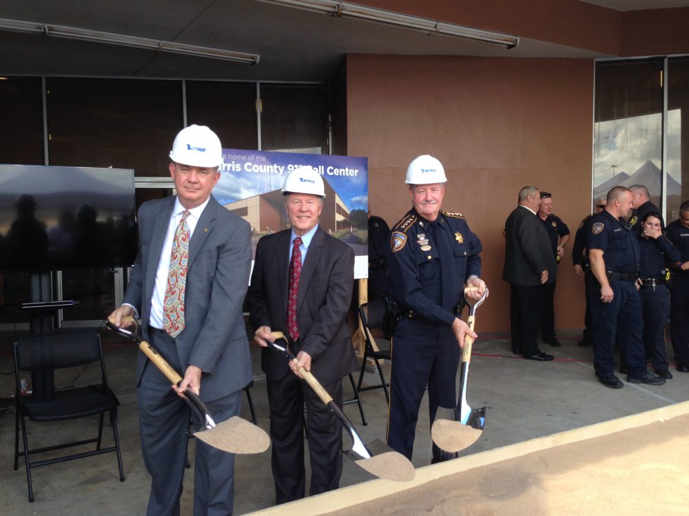 Russell Rau, Chairman of the Greater Harris County 9-1-1 Emergency Network; Ed Emmett, Harris County Judge; and Ron Hickman, Harris County Sheriff; attended a ground breaking ceremony for the new call center that was held in north Houston.