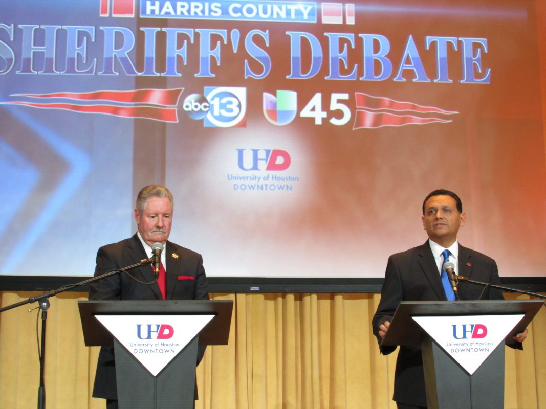 Sheriff Ron Hickman, left, and his challenger, Ed Gonzalez, face off in a debate at UH Downtown. (Photo: Florian Martin, Houston Public Media)