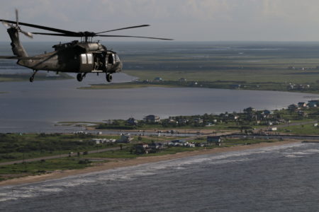 US Army helicopter over Bolivar Peninsula where Hurricane Ike damage or destroyed 85% of buildings