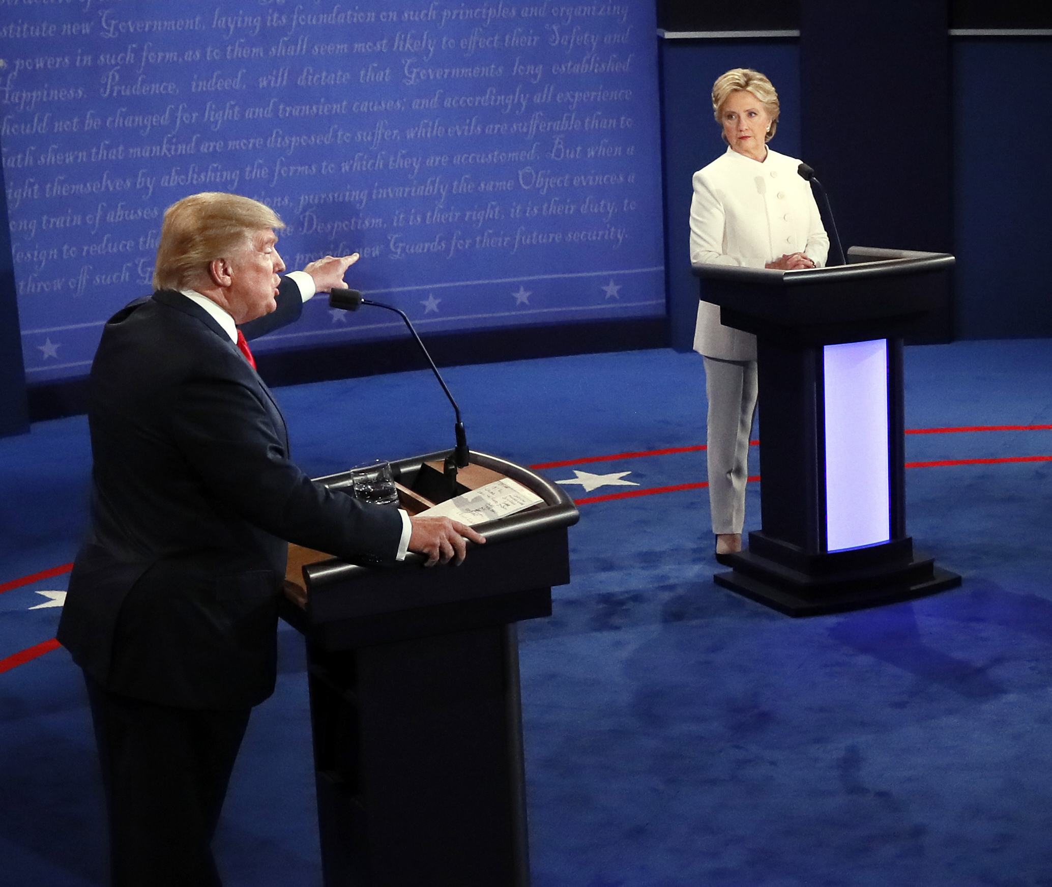 Republican presidential nominee Donald Trump debates Democratic presidential nominee Hillary Clinton during the third presidential debate at UNLV in Las Vegas, on Wednesday.
