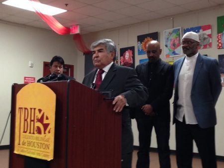 Johnny Mata, of the Greater Houston Coalition for Justice, and other members of the organization held a press conference in Houston to express their concern about some potential measures Donald Trump could implement as President, such as the deportation of undocumented immigrants.