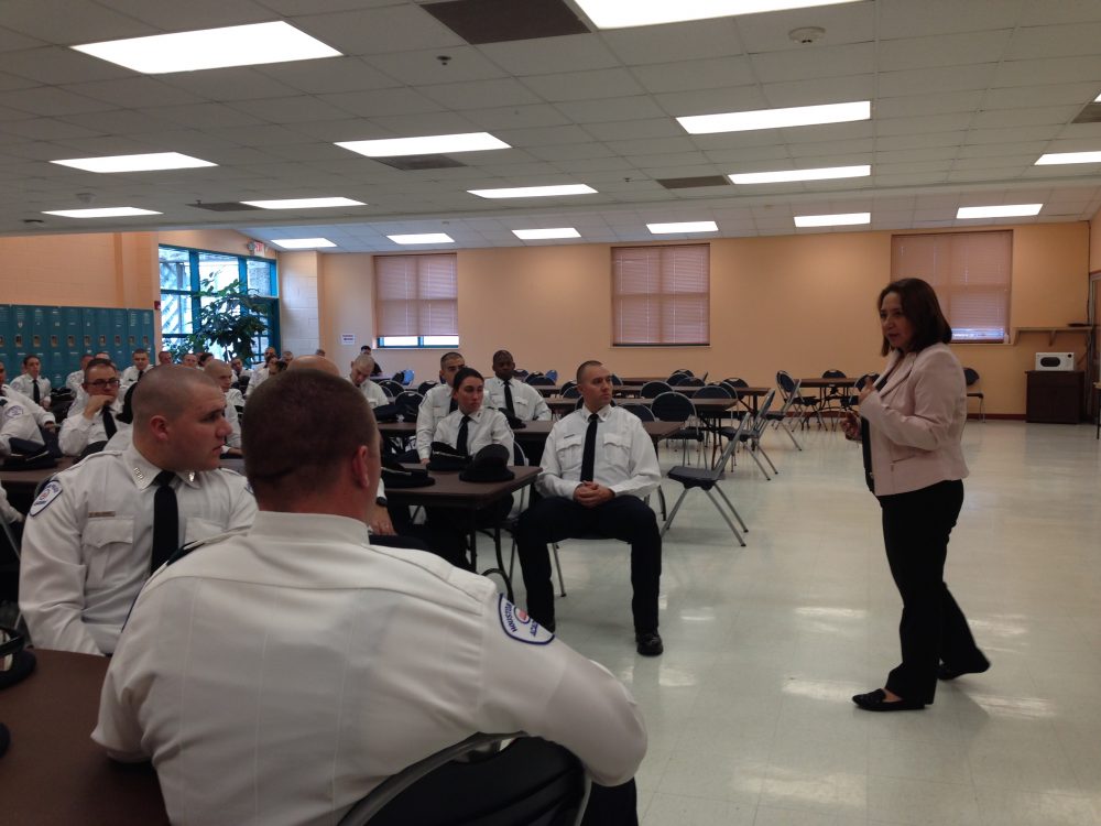 Immigration lawyer Silvia Mintz gave a lecture to cadets from the Houston Police Department when they visited the Denver Harbor Multi-Service Center, which is located in a part of Houston where many residents are immigrants from Latin American countries, as part of HPD's diversity tour initiative.