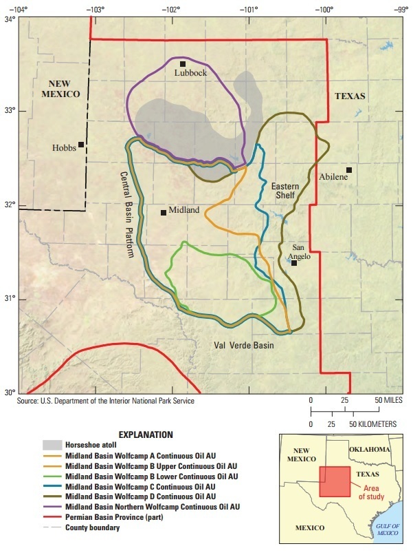 A map of the Wolfcamp shale formation. The red line denotes the boundary of the Permian Basin province; the rest of the thick colored lines denote areas of newly discovered petroleum, at varying depths. 