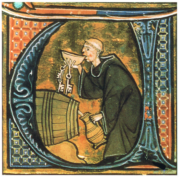 An abbey cellarer testing his wine. Illumination from a copy of Li livres dou santé, late thirteenth century