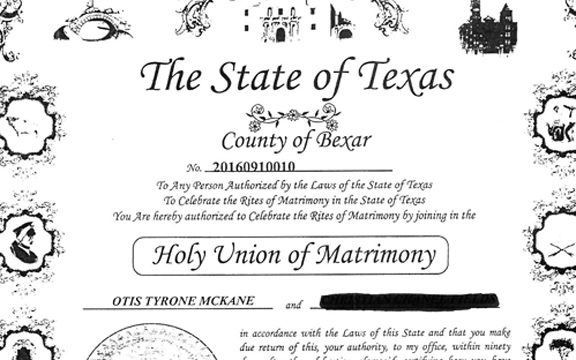 Copy of marriage certificate obtained from Bexar County Clerk's office